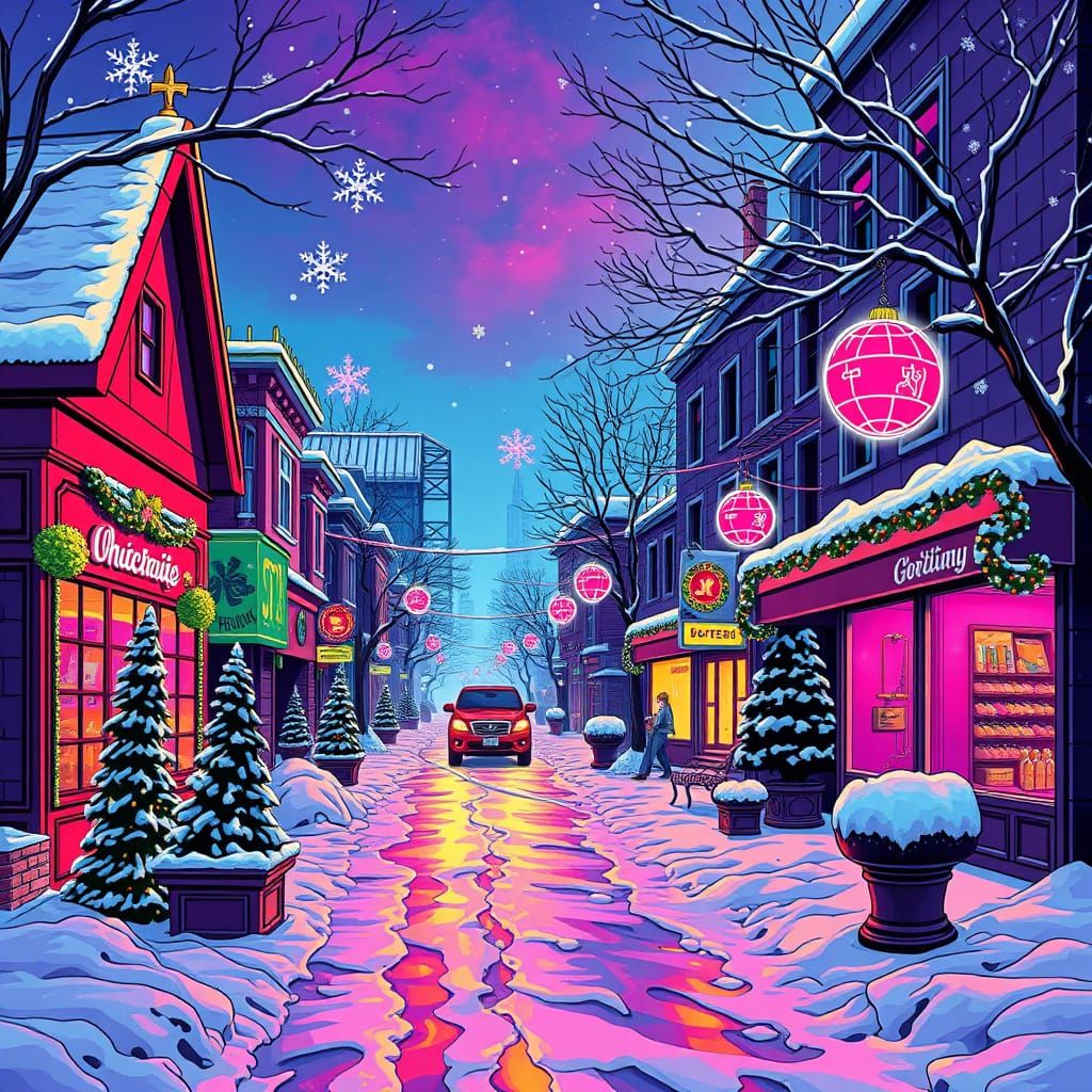 Retro-Futuristic Holiday Scene With 80s/90s Aesthetic