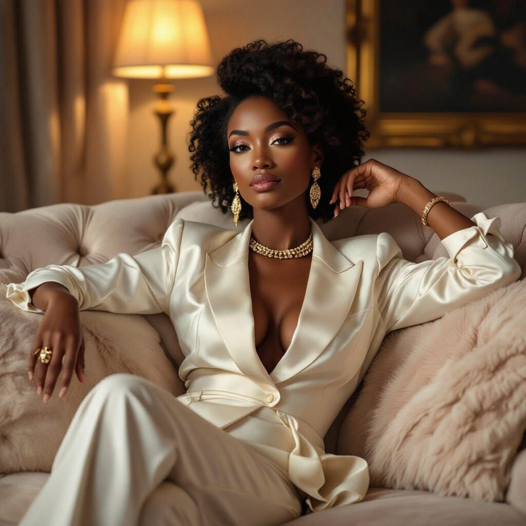 Elegant Woman on Plush Couch, Impressionistic Style