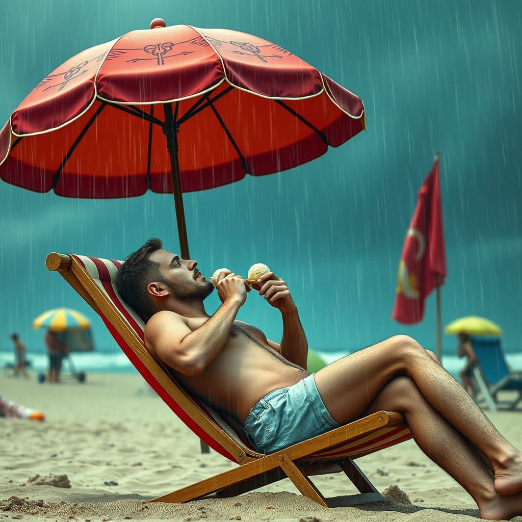 Man Sunbathing in Rain, Detailed Matte Painting
