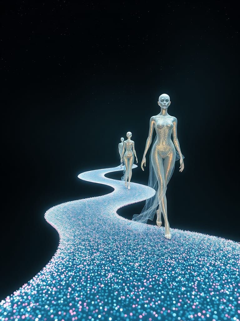 Ethereal Humanoids on Glittering Path in Sci-Fi Landscape