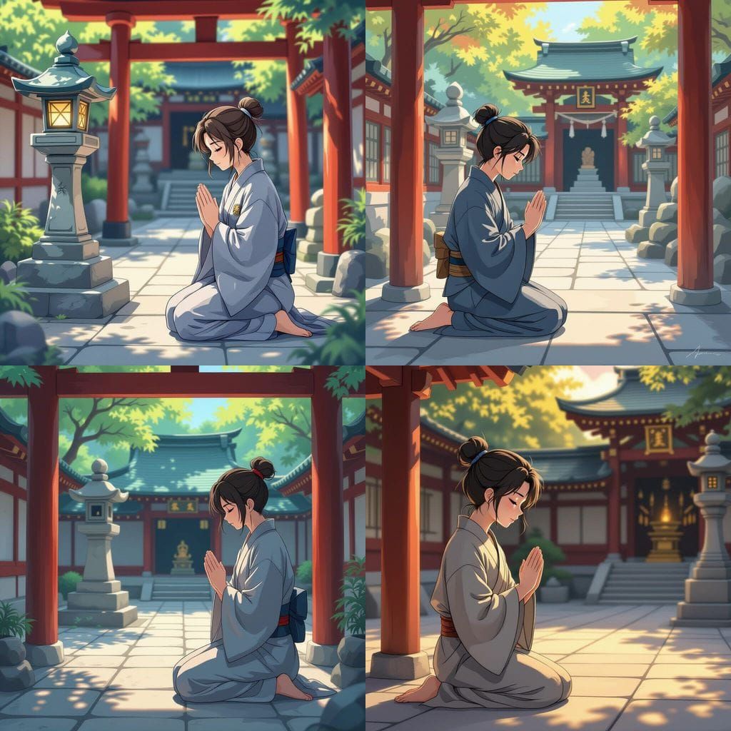 Villager Kneeling in Prayer at Shrine in Shounen Anime Style