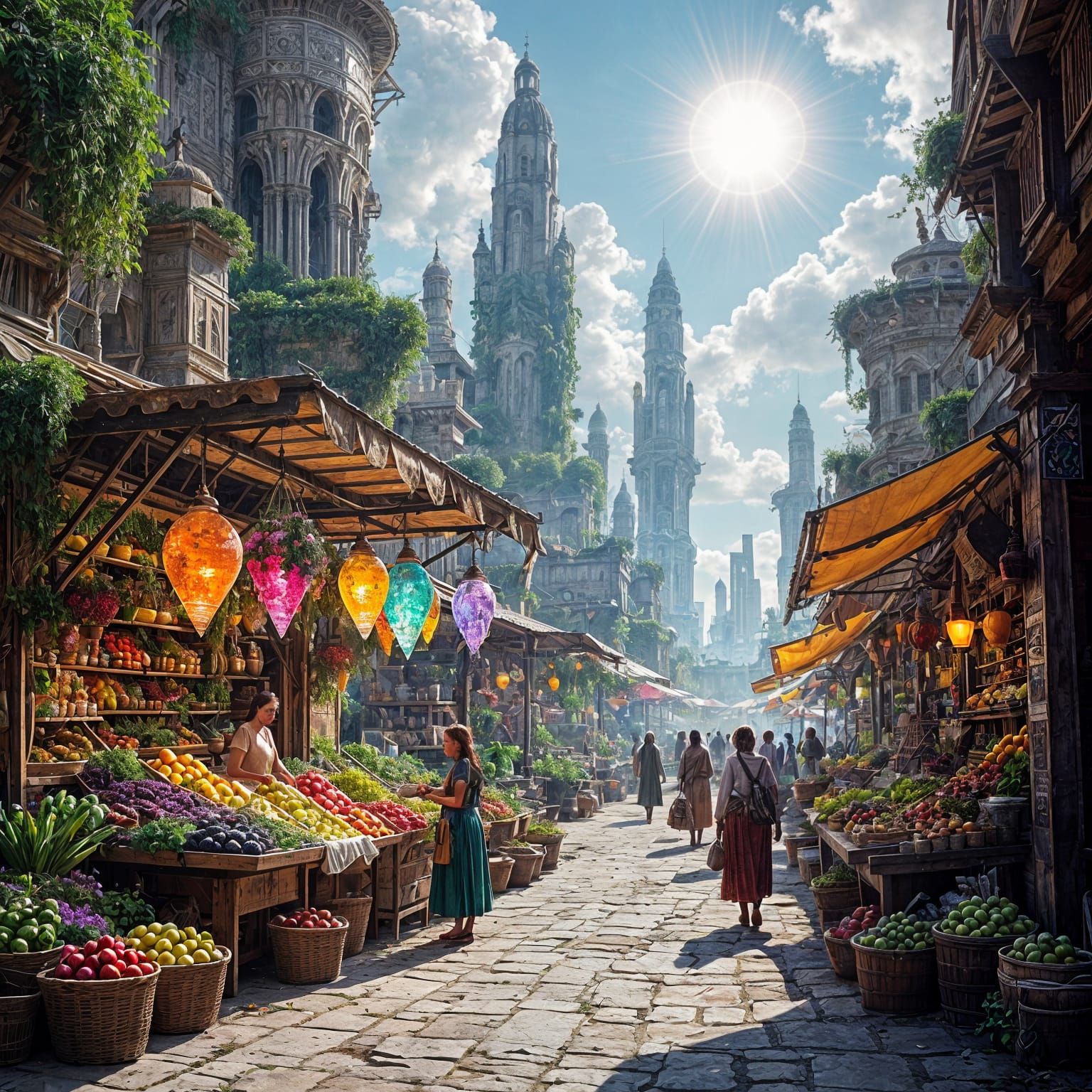 Alien Marketplace with Crystalline Fruit