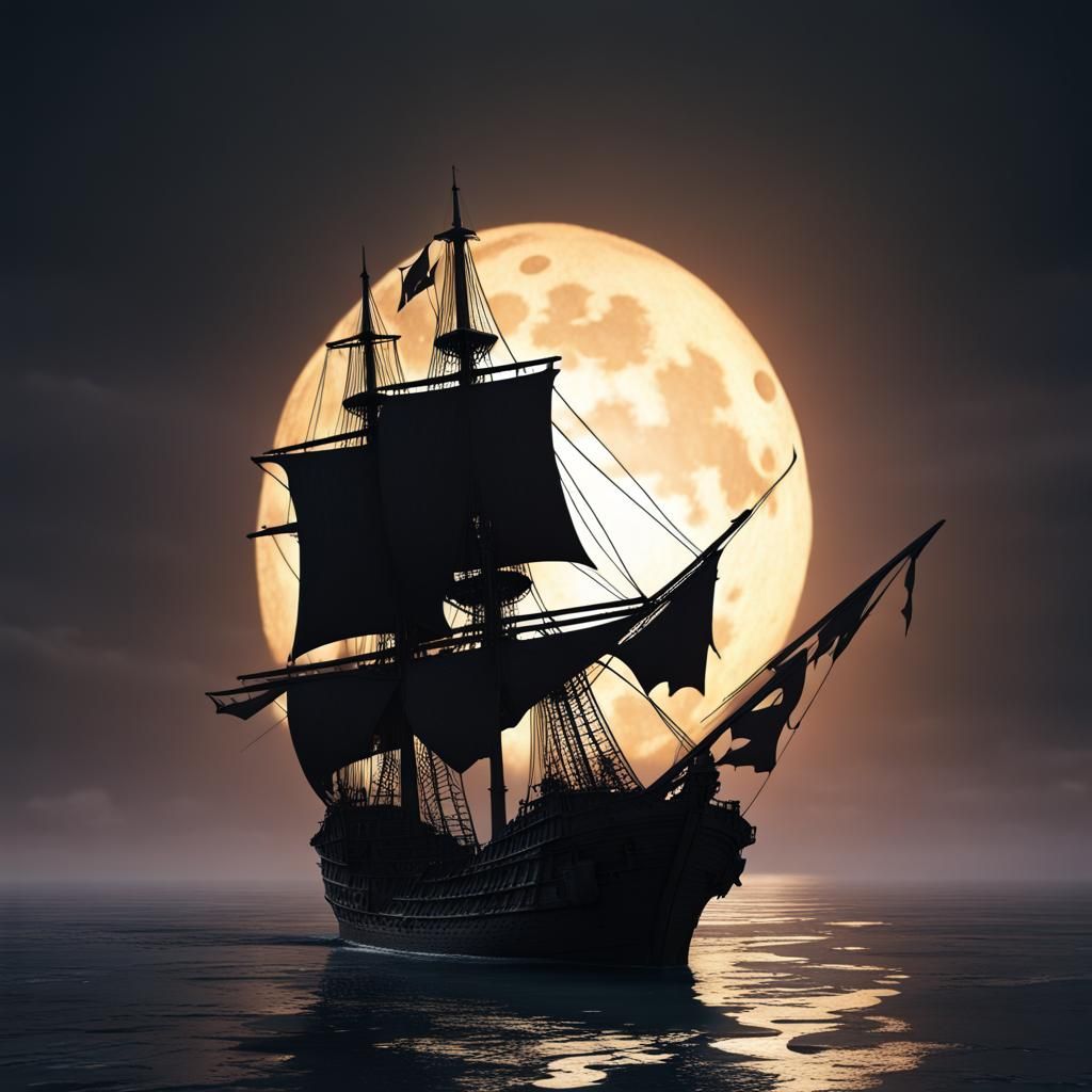 Pirate Ship Silhouette Under a Giant Moon