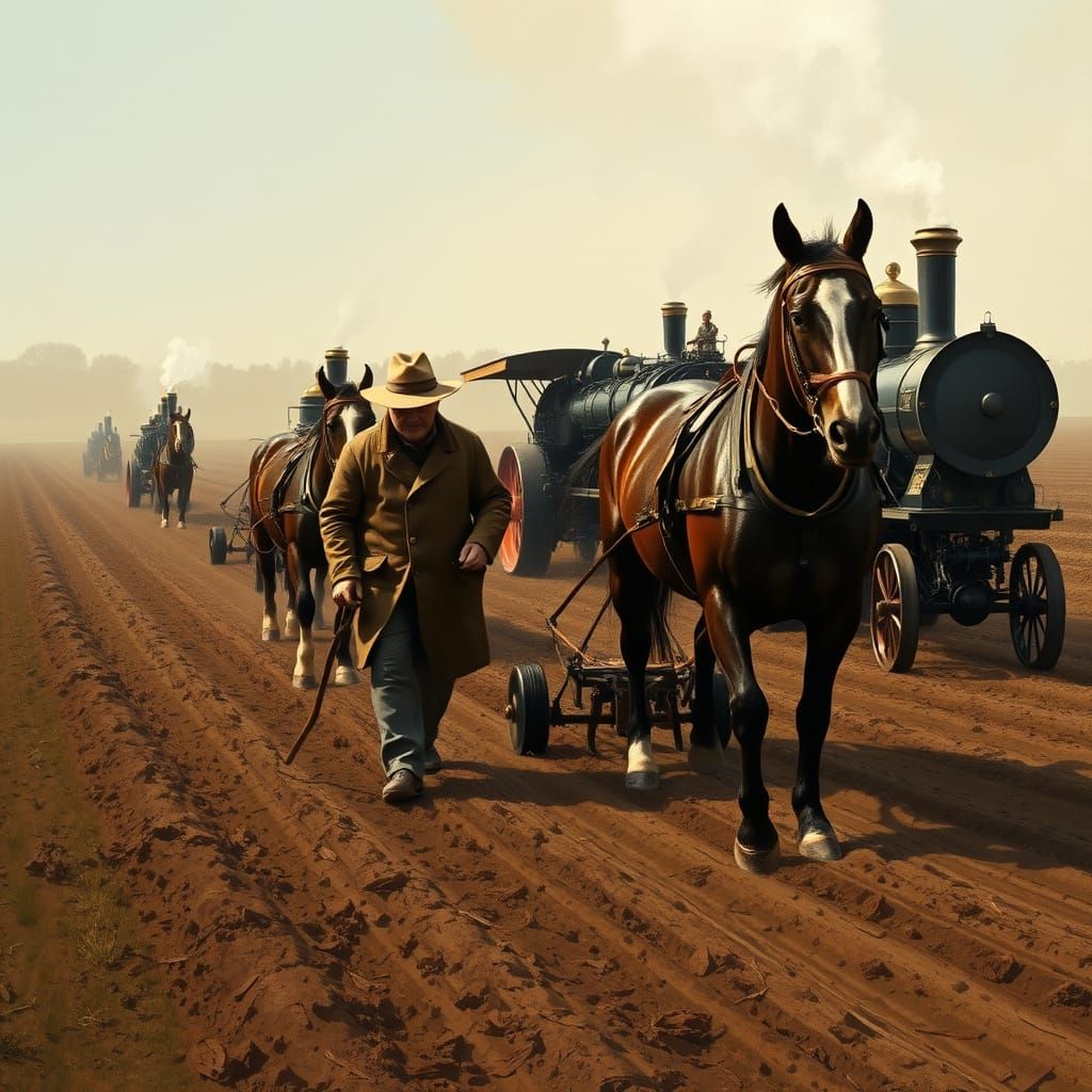 English Field with Farmer, Horses and Traction Engines
