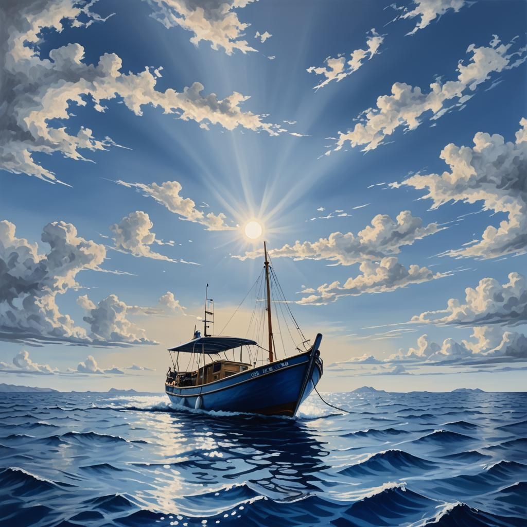Blue Boat on Tropical Sea: Monochromatic Gouache