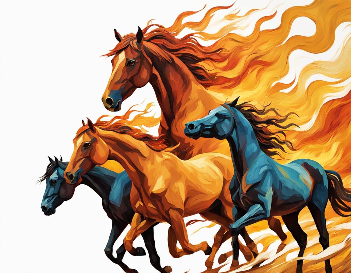Wild Horses Charging Through a Blazing Forest in an Expressi...