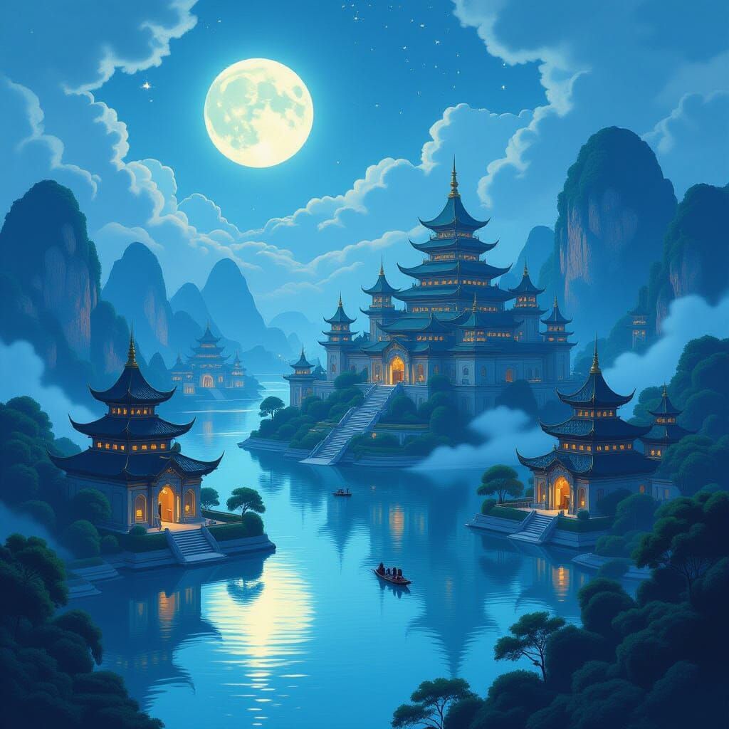 Mystical Moonlit Temples in Dreamy Landscape