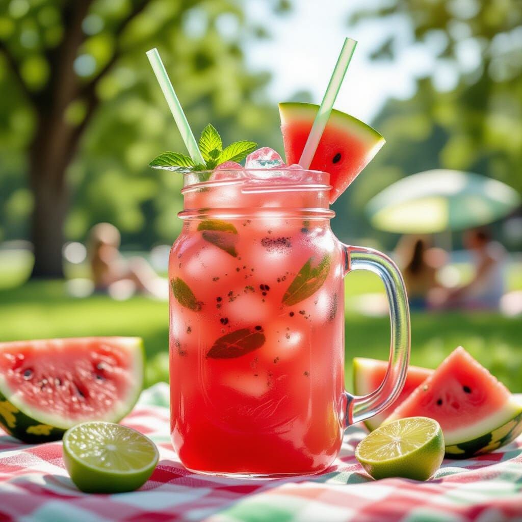 Refreshing Watermelon Cooler in a Sunny Park