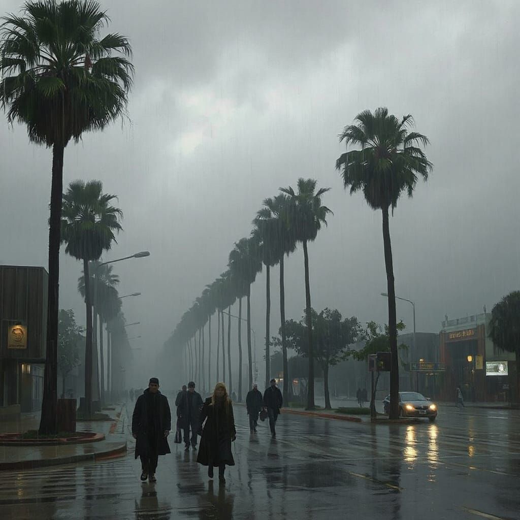 Stormy Street Scene with Palm Trees and Strolling People