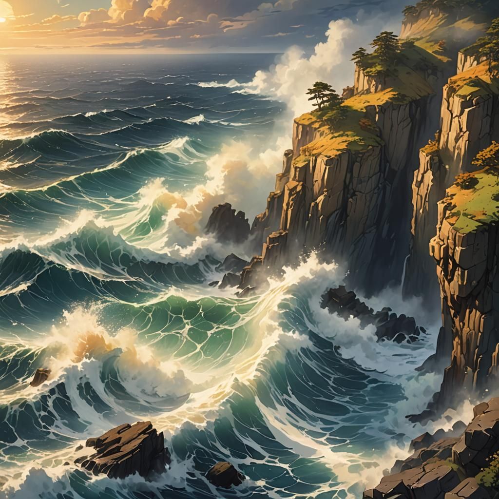 Dramatic Anime Cliffside Key Visual in Japanese Style