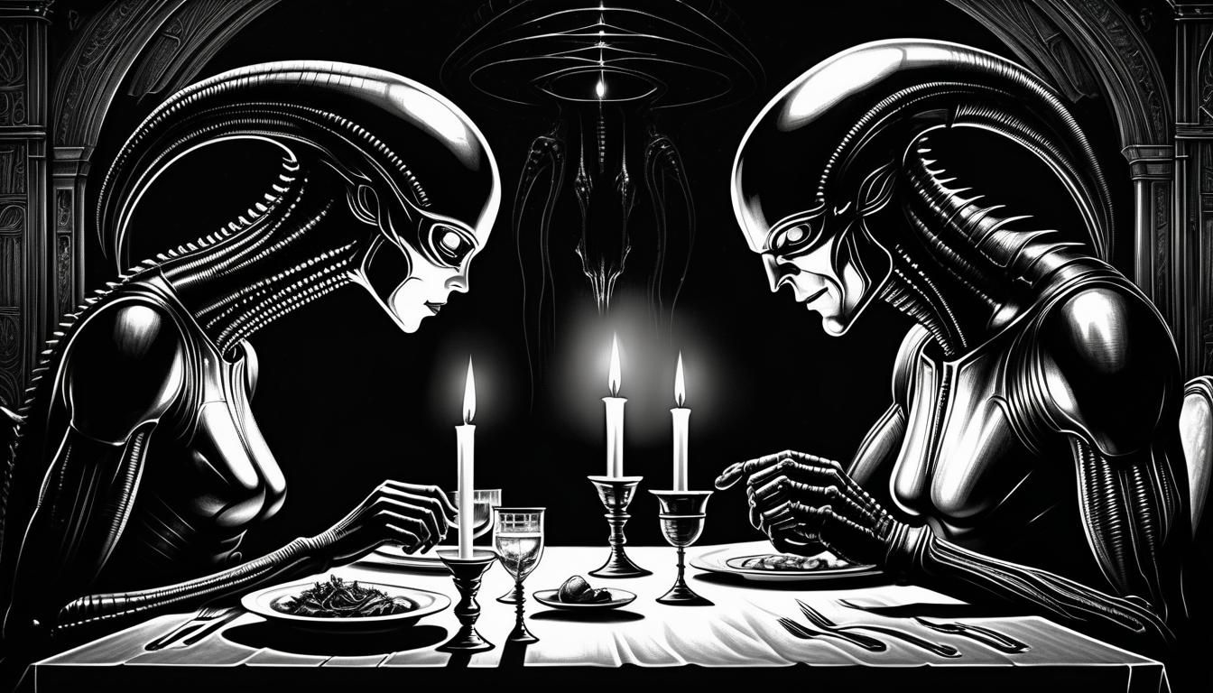 Surreal Couple's Candlelit Dinner in Giger Style