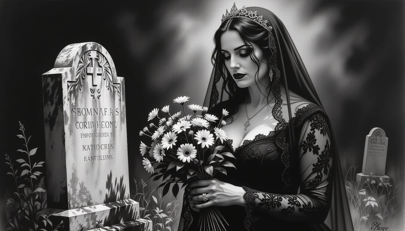 Goth Woman at Gravesite in Charcoal Drawing Style