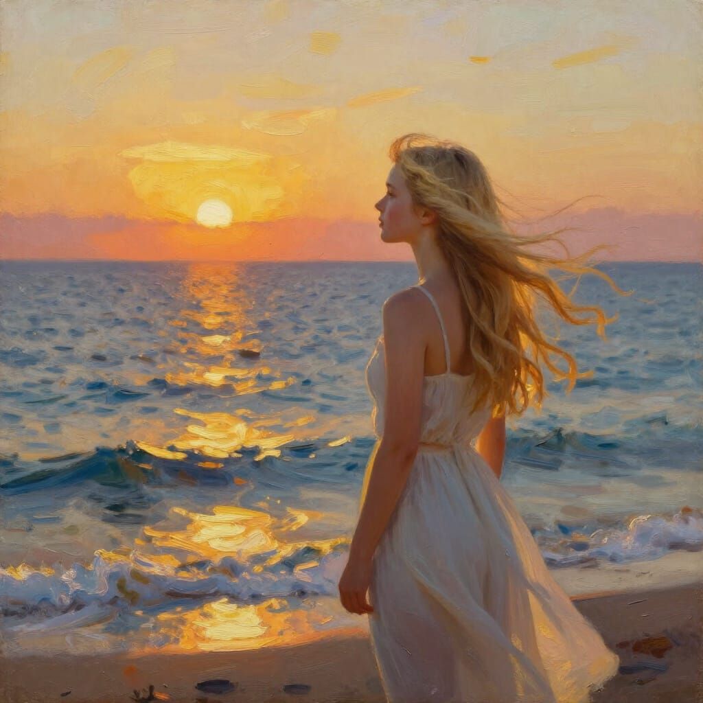 Golden Hour Seascape Oil Painting of a Girl at Sunset