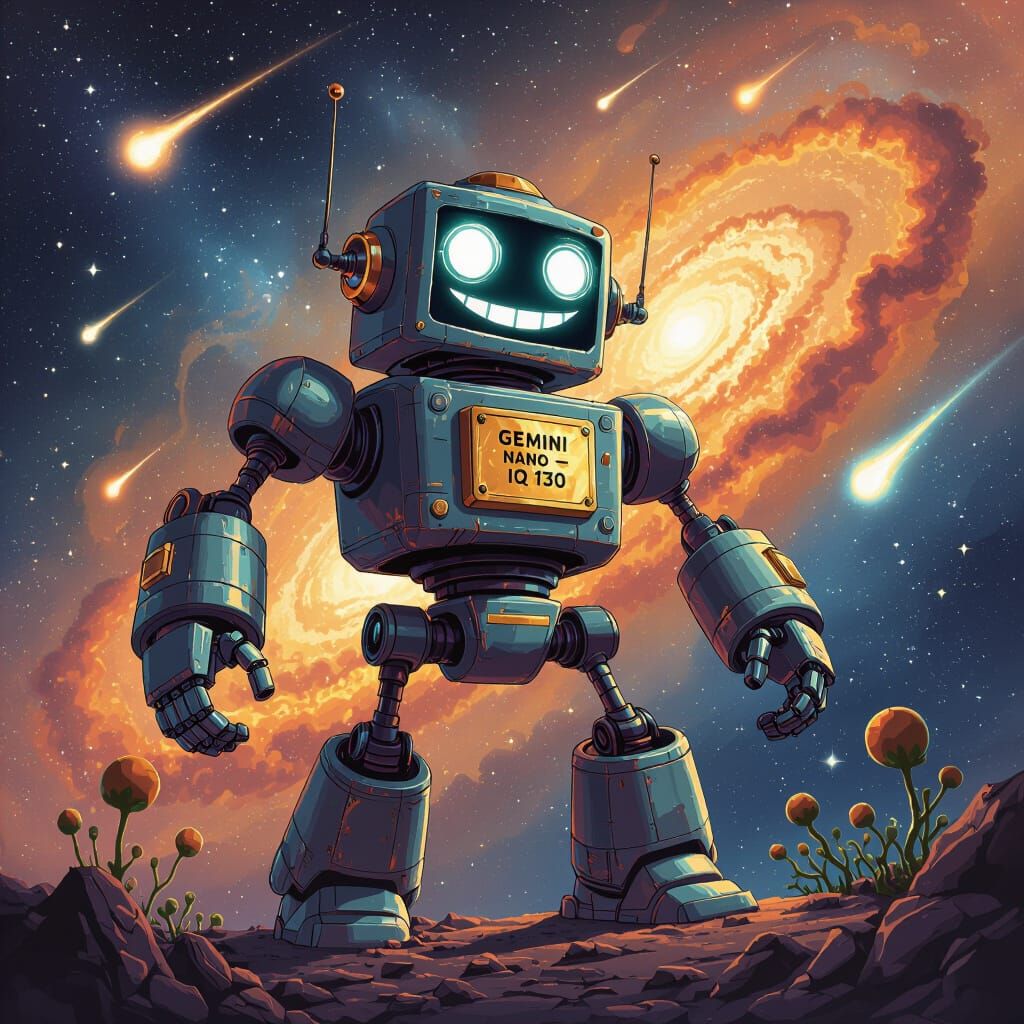 Retro Robot in Cosmic Nebula, Vintage Storybook Style