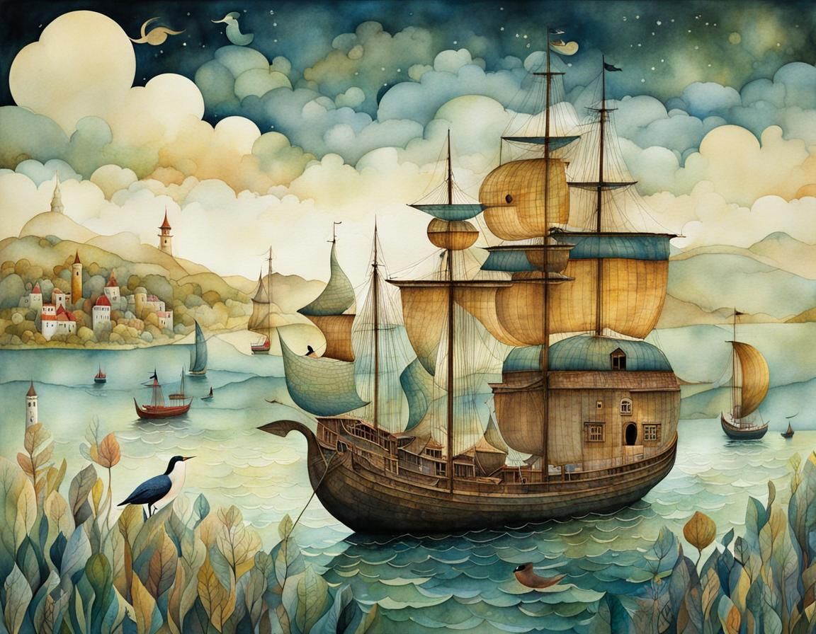 Whimsical Bay Scene in Ink and Watercolor