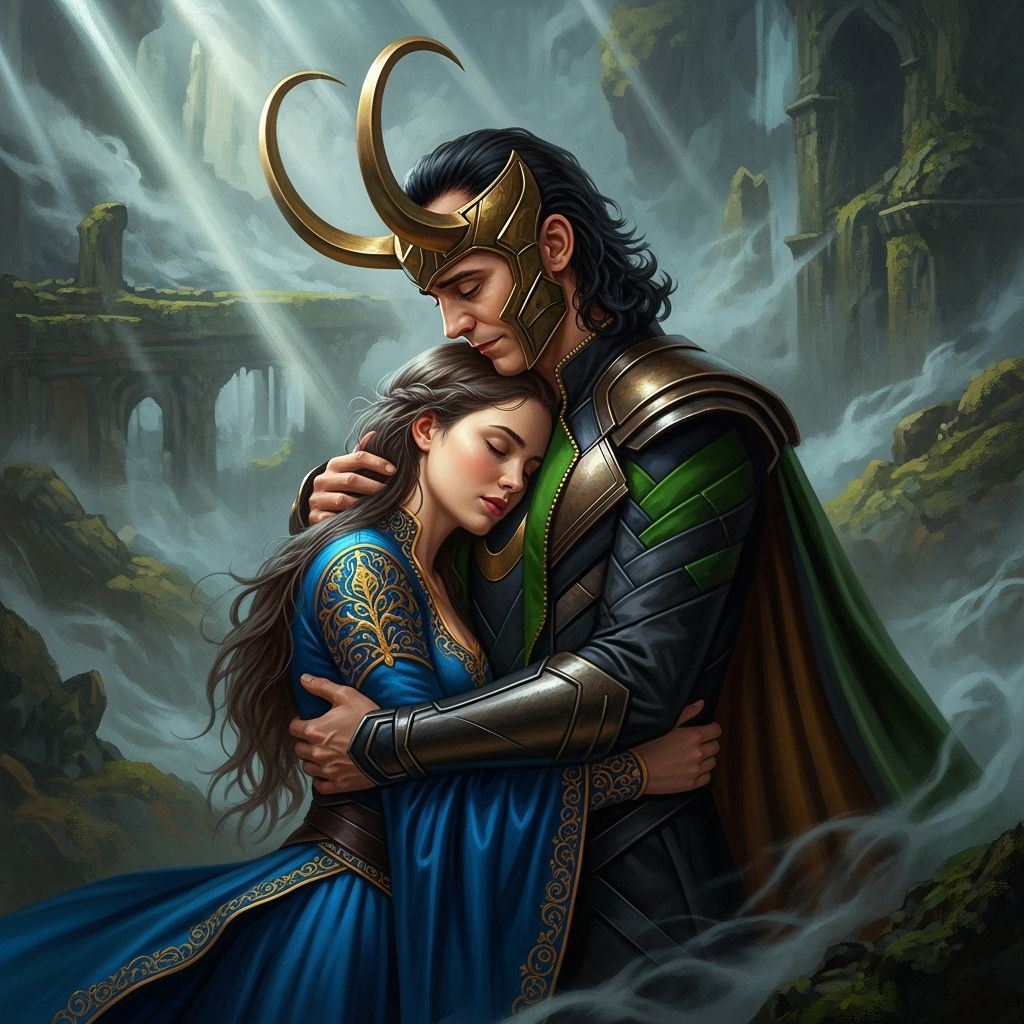 Loki Tenderly Embraces Woman in Oil Painting