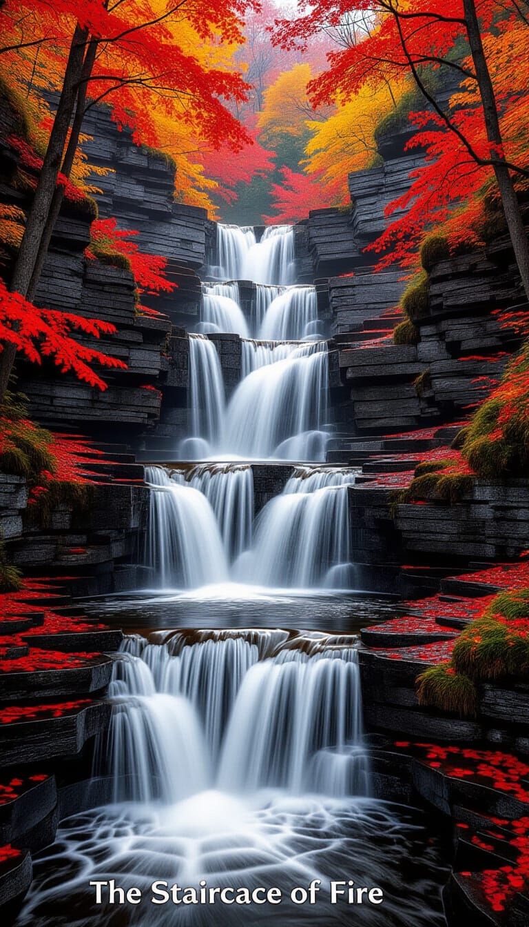 Fiery Autumn Waterfalls Cascade Down Rocky Gorge