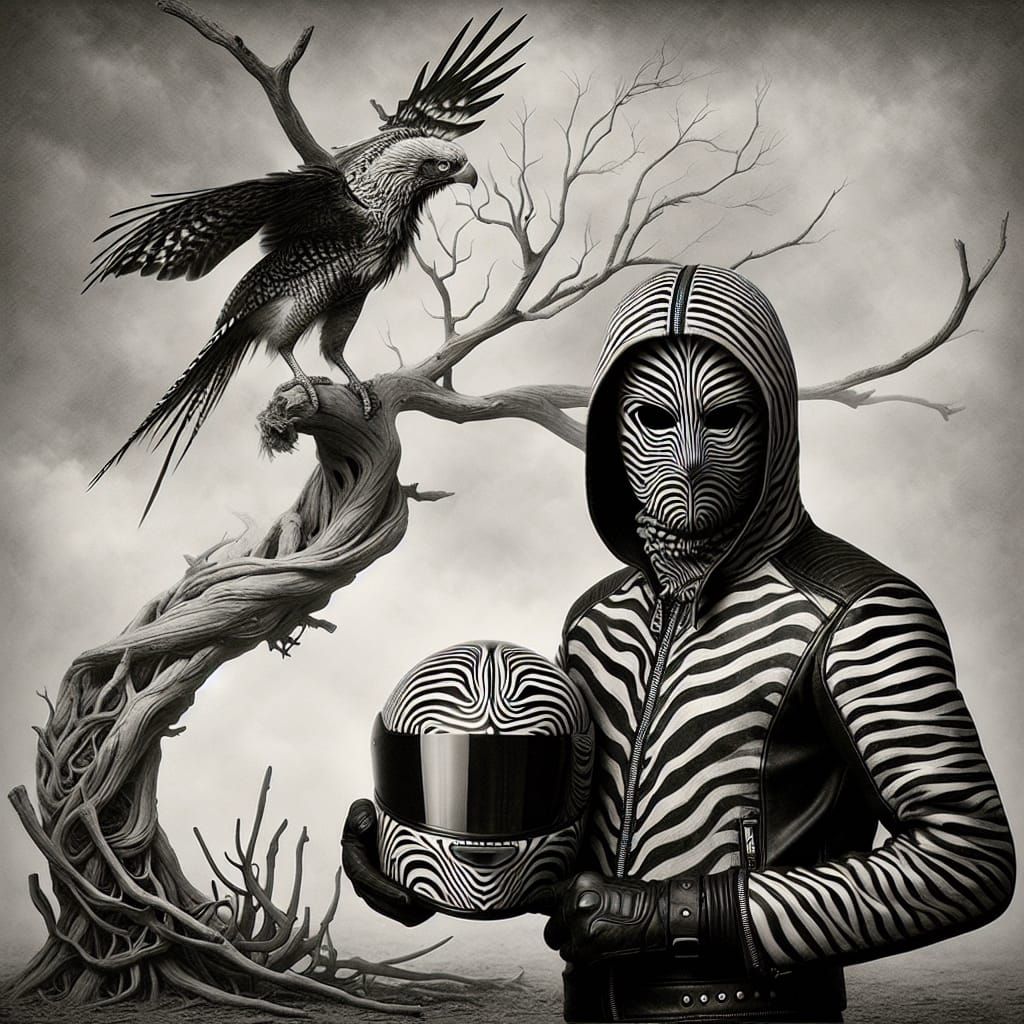 Mysterious Biker with Enigmatic Striped Armor