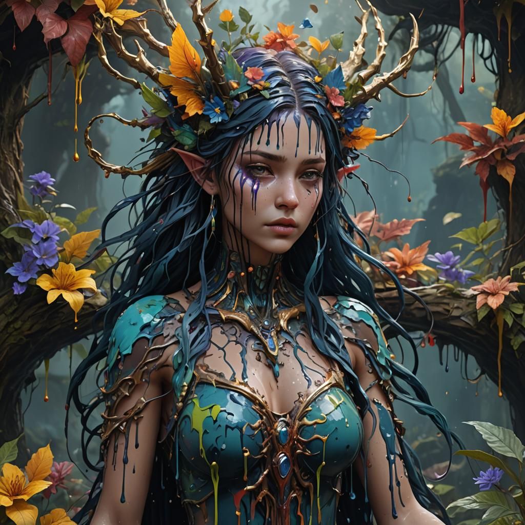 Fantastical Dripping Paint Nymph in Detailed Matte Painting