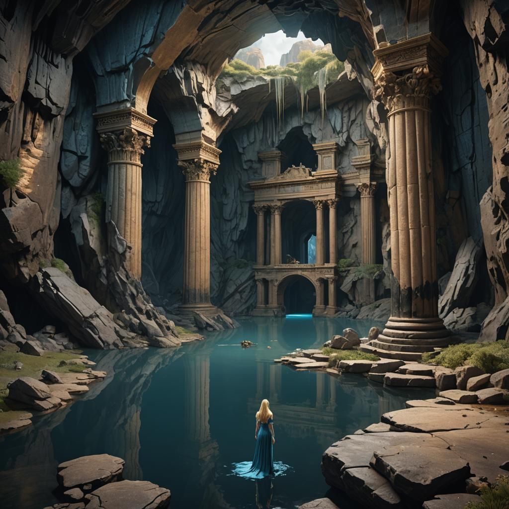 Mysterious Cave with Sleeping Girl: Fantasy Concept Art