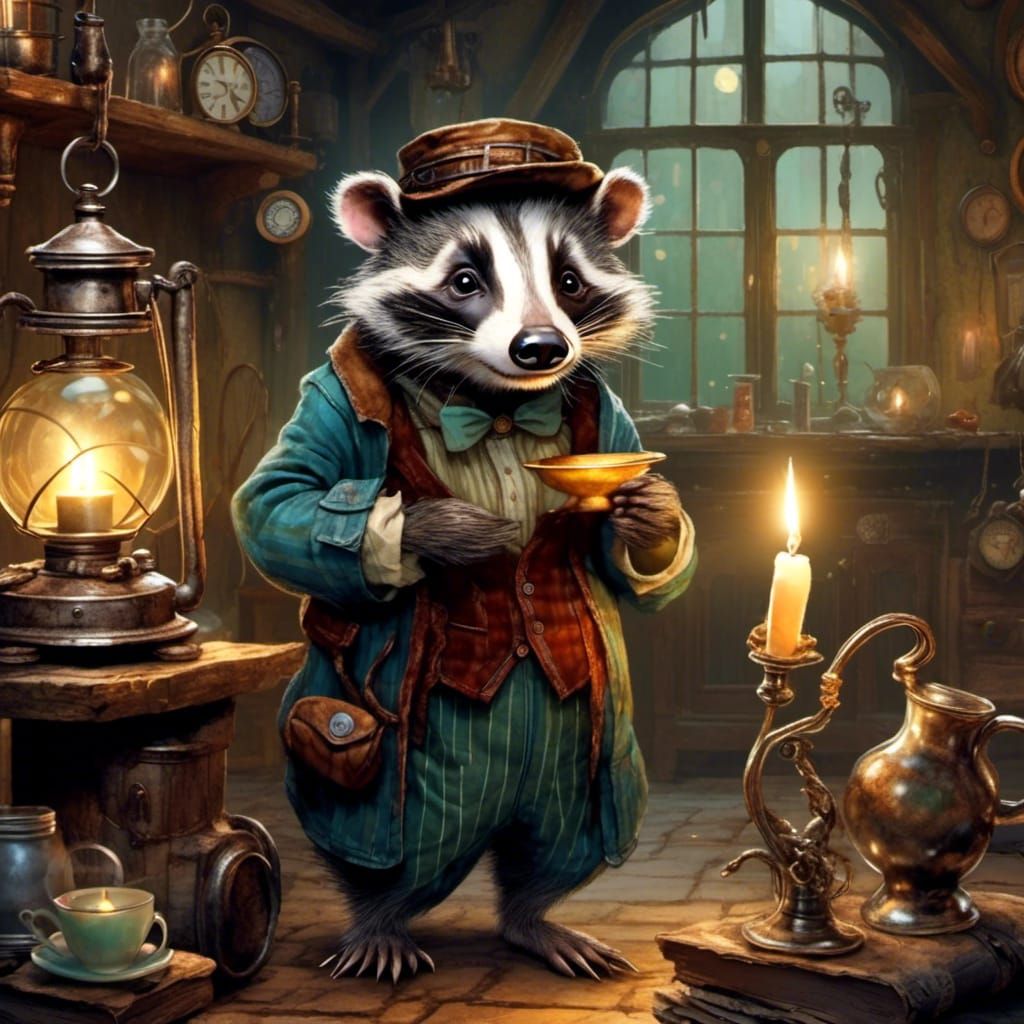 Badger in Steampunk House Ready for Bed