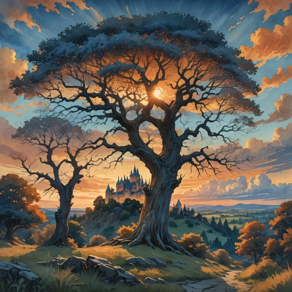 Fantasy Summerscape Sunset: Digital Watercolor Illustration