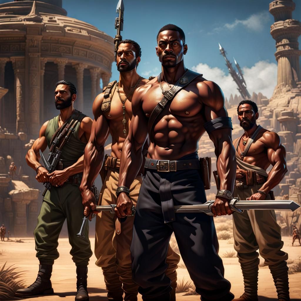 1940s Shirtless Men with Weapons: Dark Fantasy Art