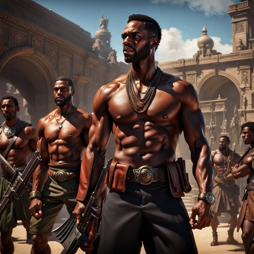 1940s Shirtless Men with Weapons: Dark Fantasy Art