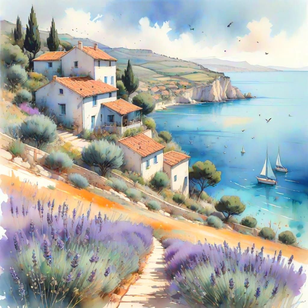 Mediterranean Vista in Impressionist Watercolor Style