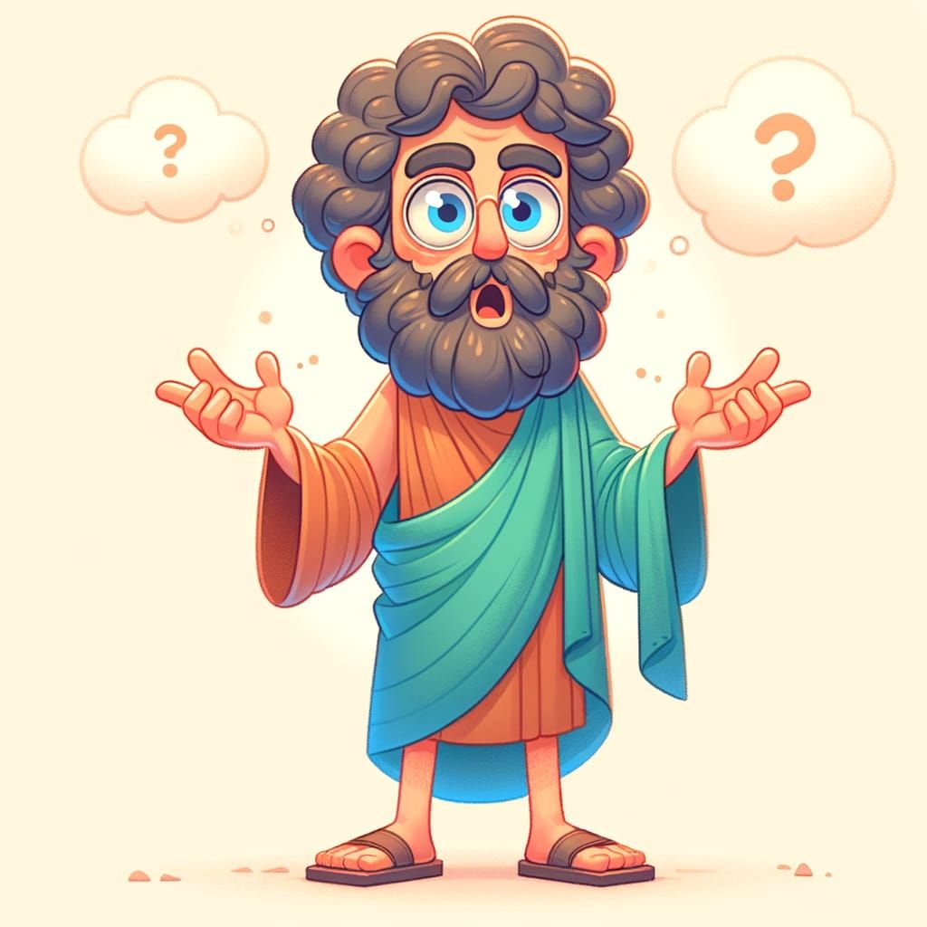Shocked Socrates Explaining Thoughts in Cozy Cartoon Style