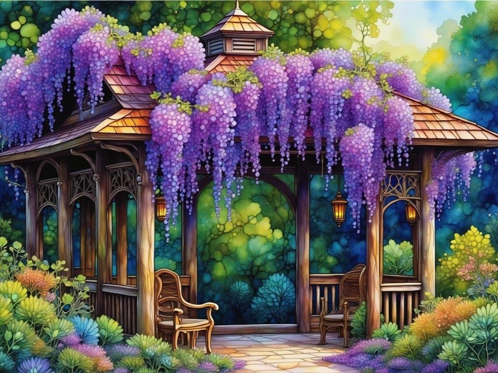 Ethereal Wisteria Gazebo in Watercolor Alcohol Ink Style