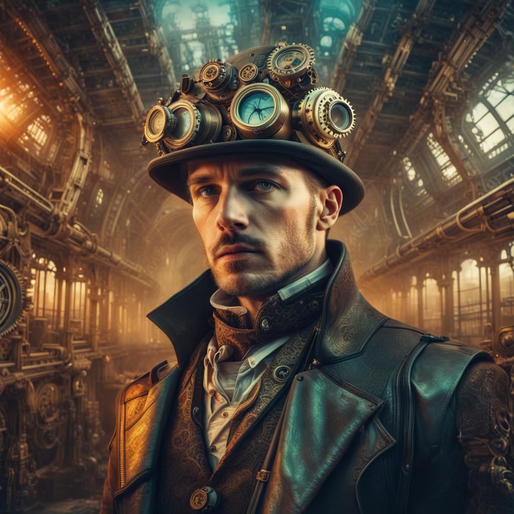 Steampunk Man Double Exposure Sci-Fi Art