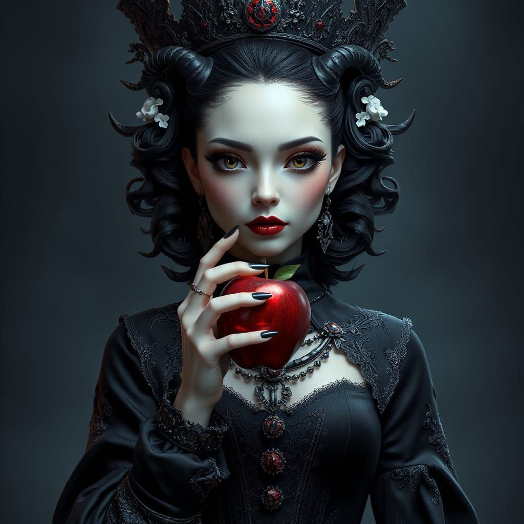 Regal Underworld Queen Poses with Crimson Apple