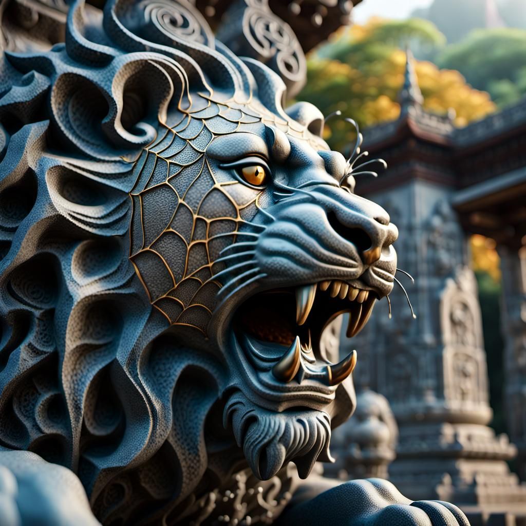 Dewy Spiderweb in Stone Lion Mouth