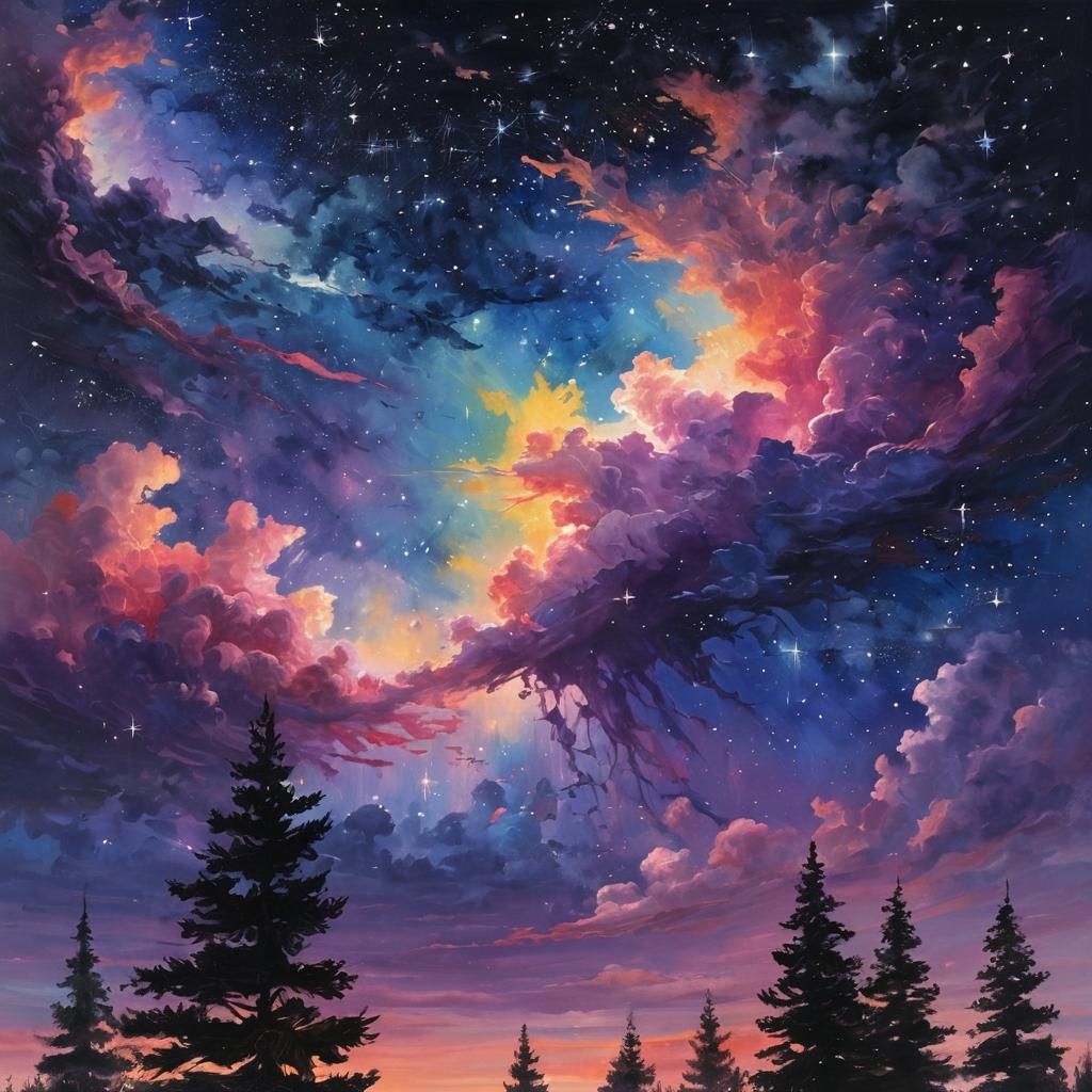 Luminous Starry Sky in Wet Brush Oil Painting