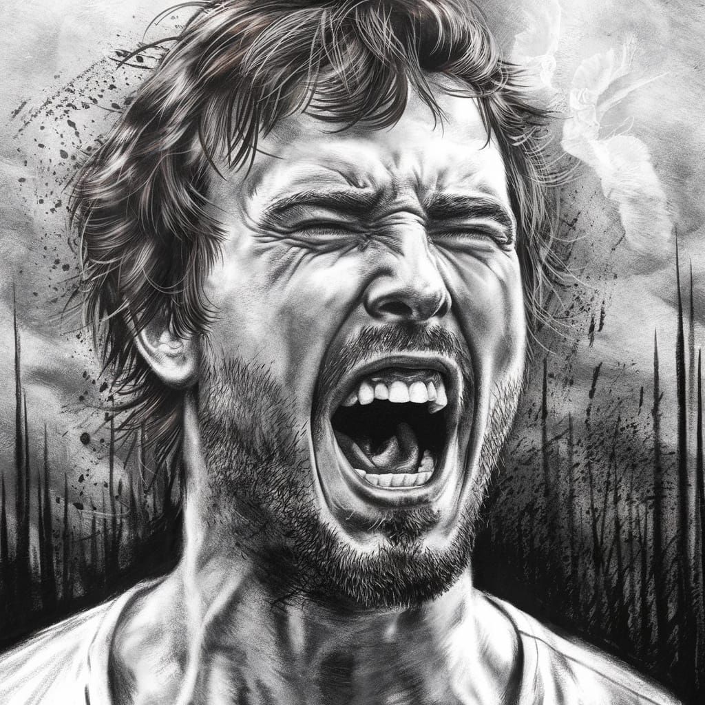 Intense Charcoal Drawing of a Screaming Man