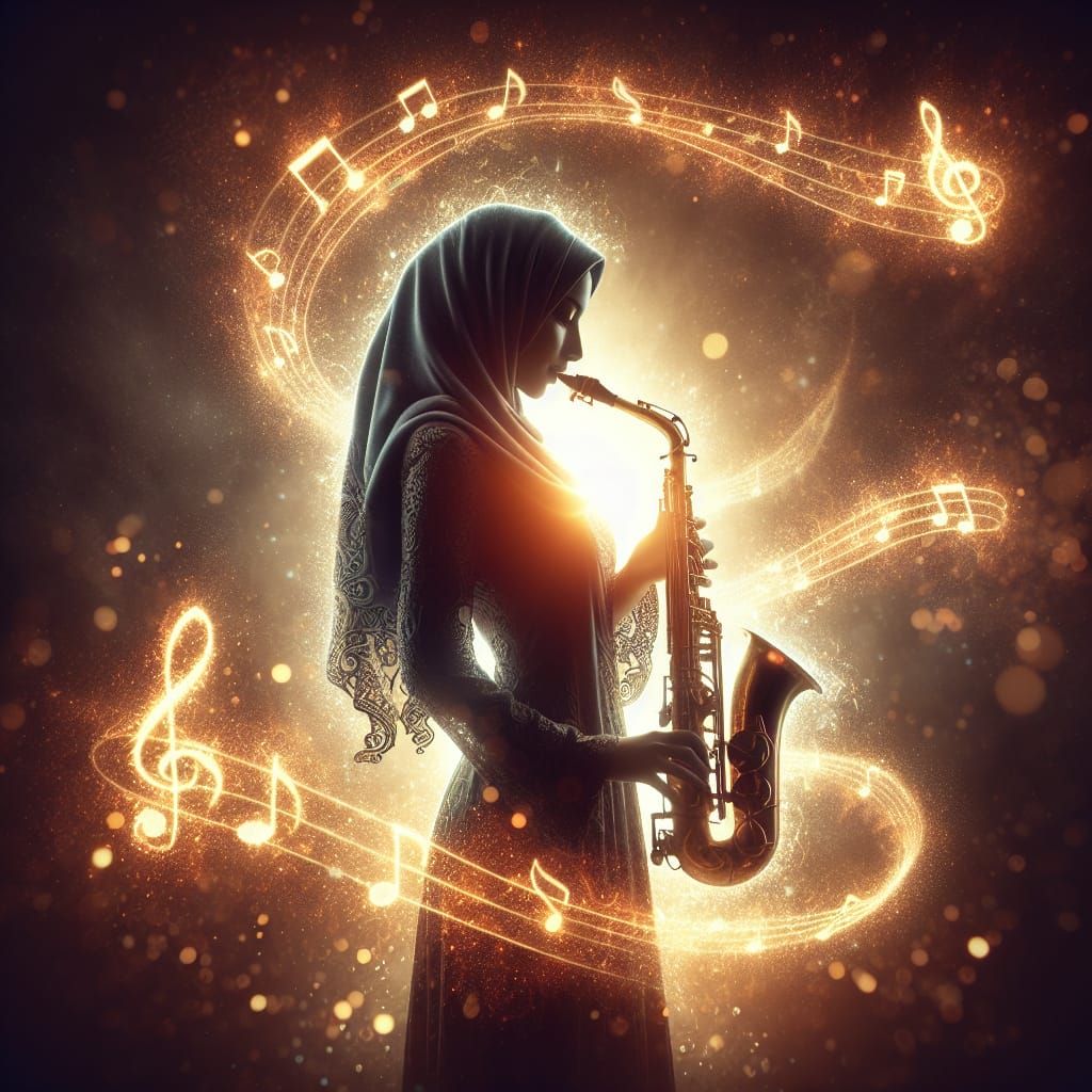 Silhouette of Saxophone Player with Fiery Music Notes