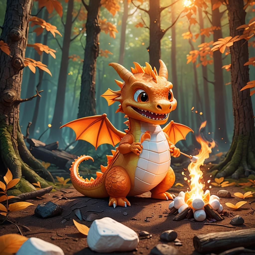 Kawaii Orange Dragon Roasting Marshmallow: 3D Digital Art