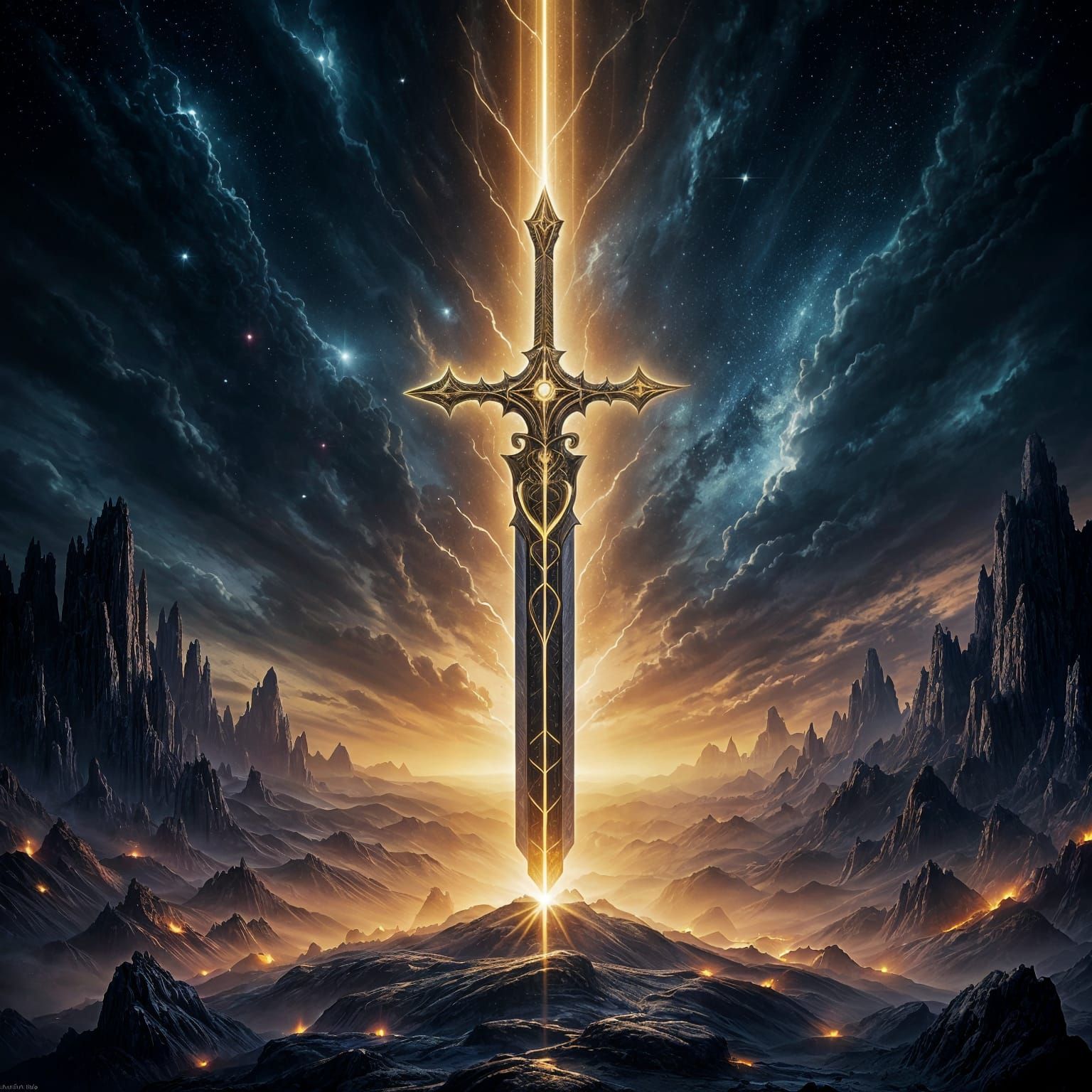 Golden Light and Dark Shadow Sword in Celestial Landscape