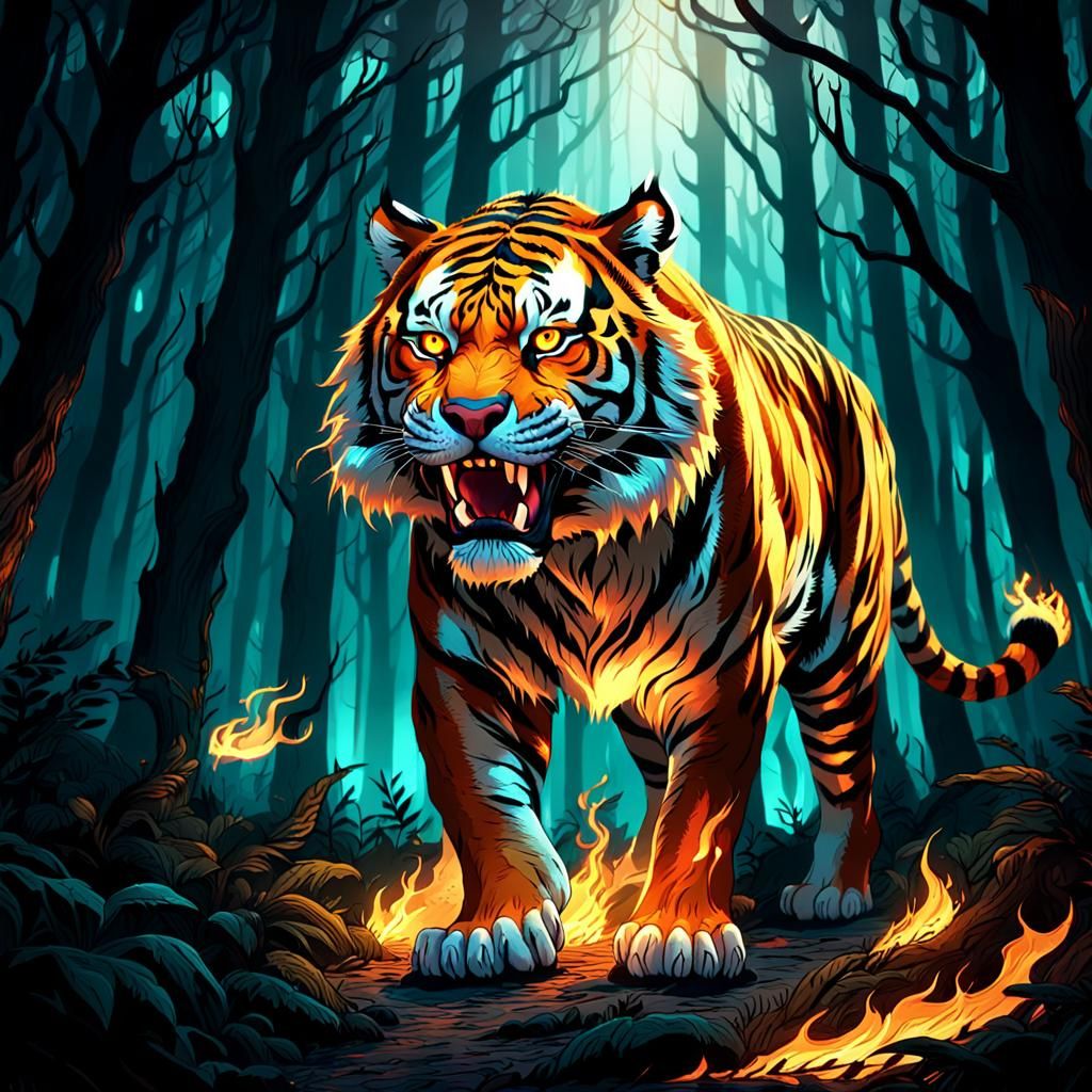 Burning Tiger in Mystical Forest: Fantasy Illustration