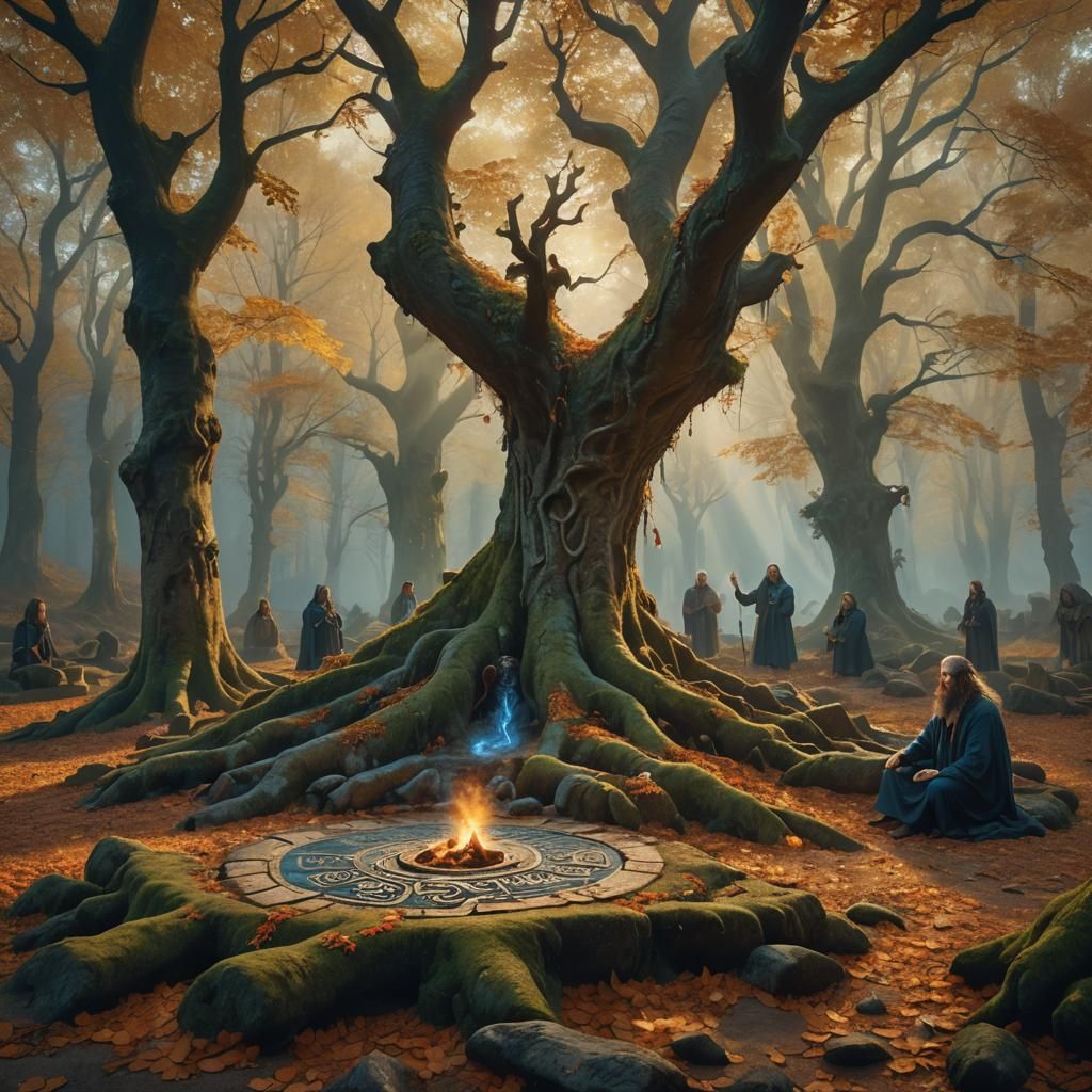 Druids Prepare Ritual in Autumnal Forest, Digital Painting