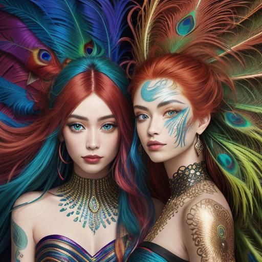 Abstract Expressionism: Two Women with Peacock Feathers