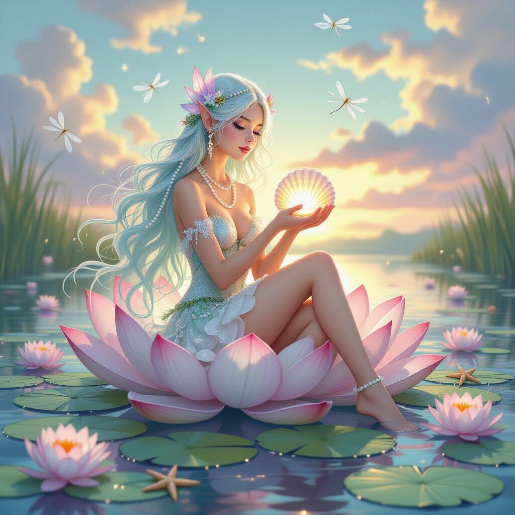Water Nymph Fairy on Lotus Pad in Dreamy Surrealism