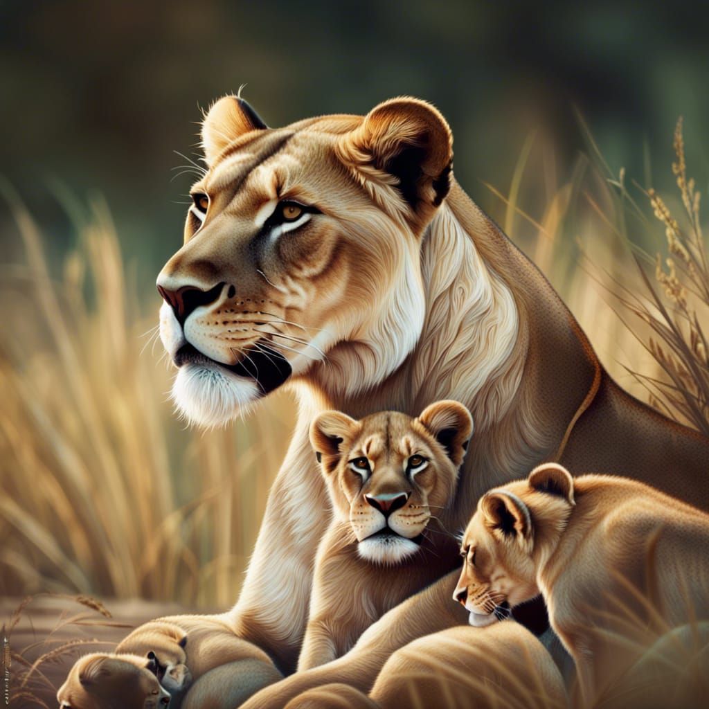 Lioness Protecting Cubs in Photorealistic Detail