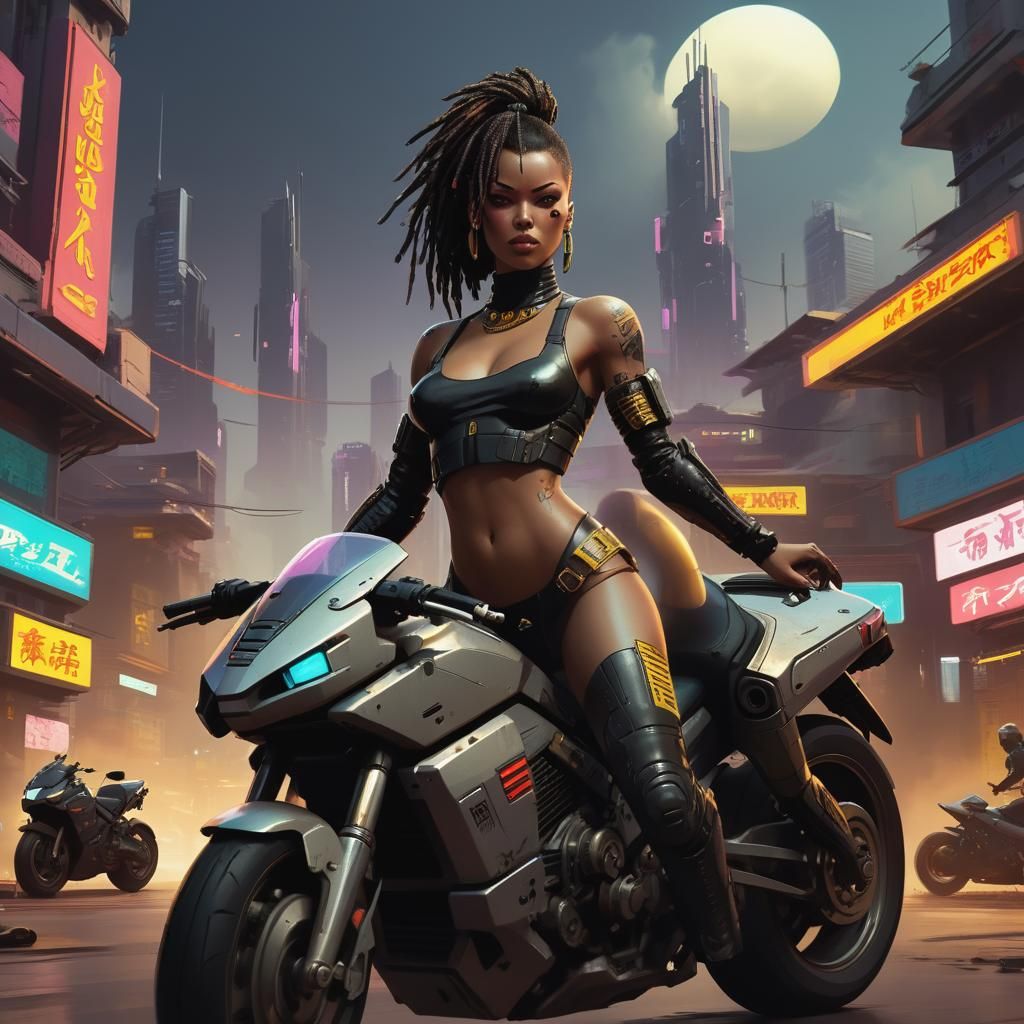 Cyberpunk Woman on Motorcycle in Afrofuturist Cityscape