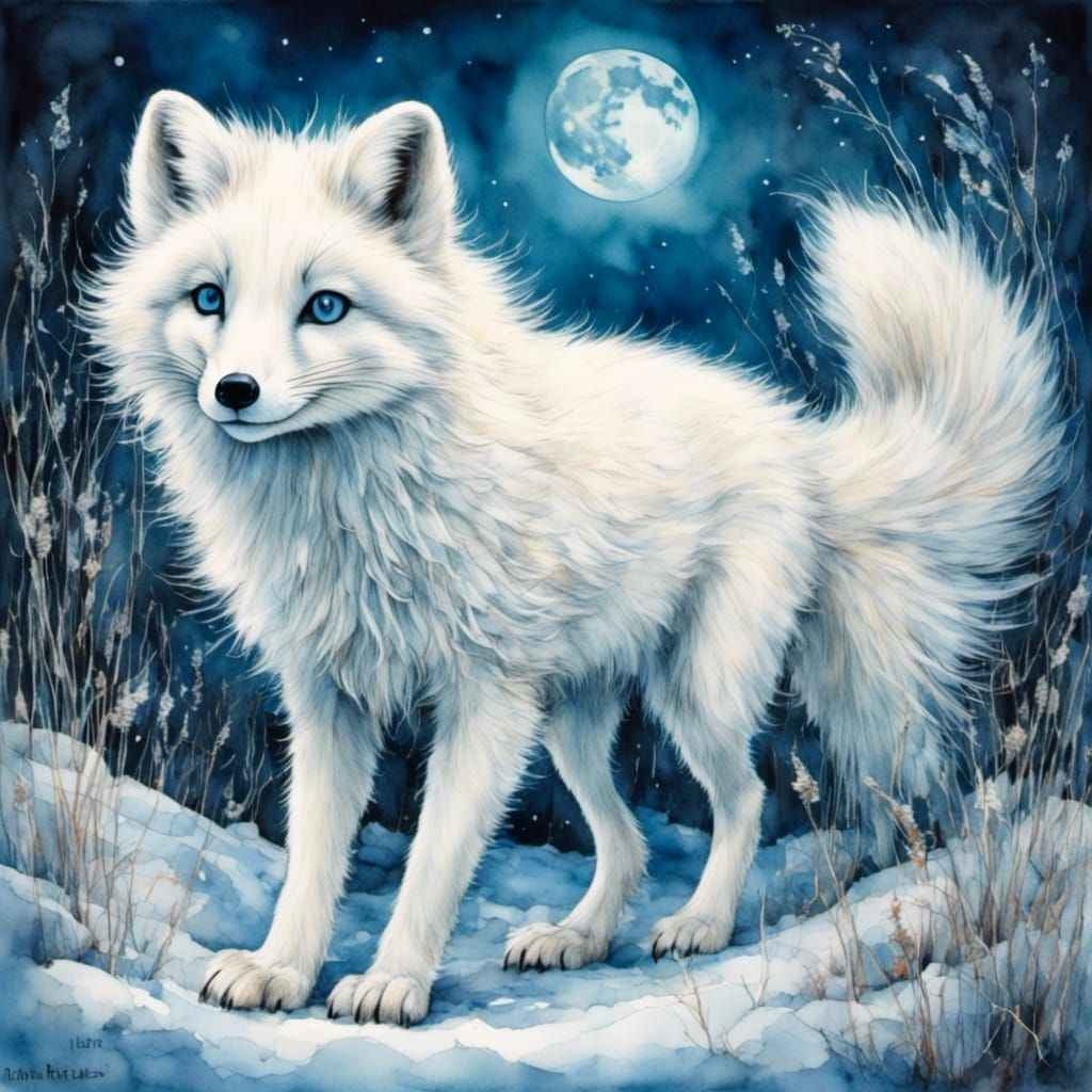 Nine-Tailed Arctic Fox in Moonlight: Watercolor Art