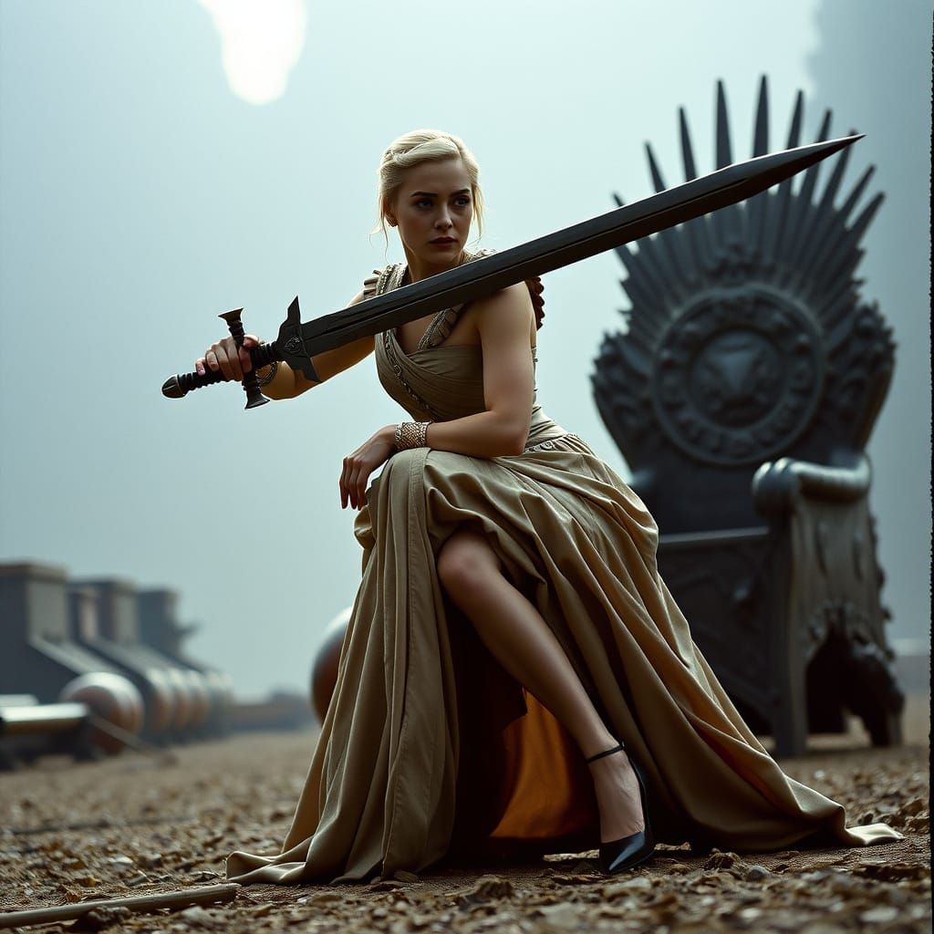 Cersei Lannister with Sword in Cinematic Film Still