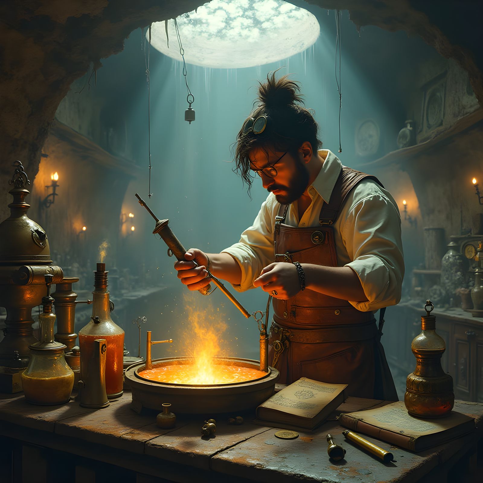 Steampunk Alchemist in Hidden Laboratory, Detailed Matte Pai...