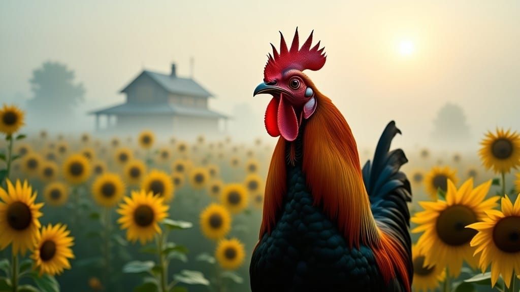 Rooster in Foggy Sunflower Field Landscape