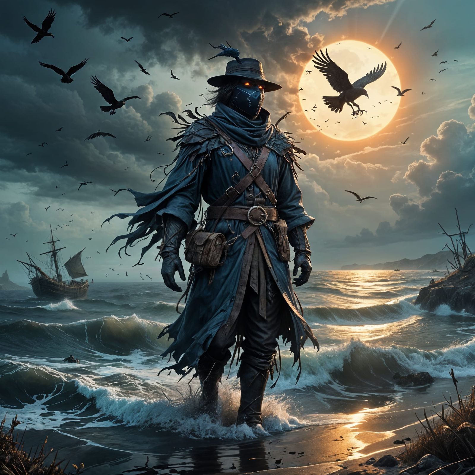 Mysterious Coastal Scarecrow Beset by Swirling Crows in Deep...